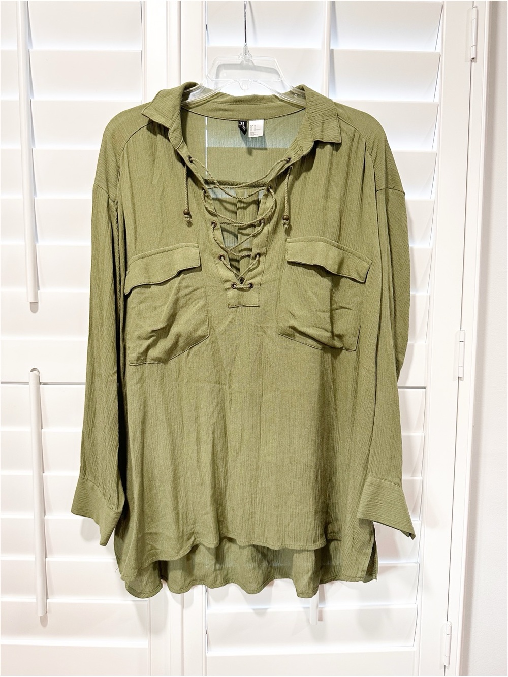 H&M Divided Olive Green Lace-Up Tunic Blouse US 14 Boho Long Sleeve Oversized